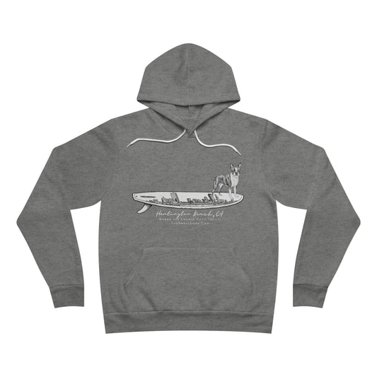 Grey pullover hoodie featuring a Boston Terrier dog standing on a Boston surfboard with "Huntington Beach, CA" text