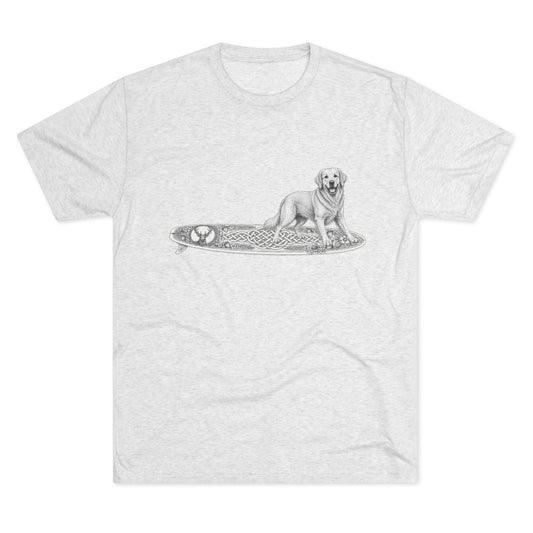 White t-shirt with a white Golden Retriever dog on a surfboard with a irish knot graphic on it.