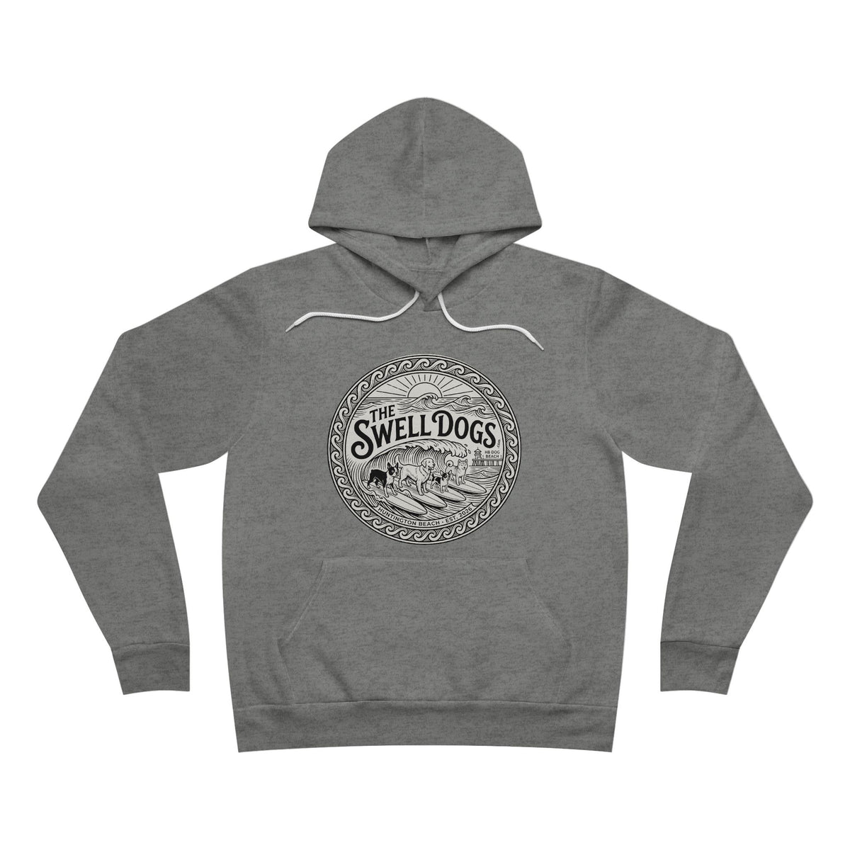 Gray hoodie with 'The Swell Dogs' logo on it.