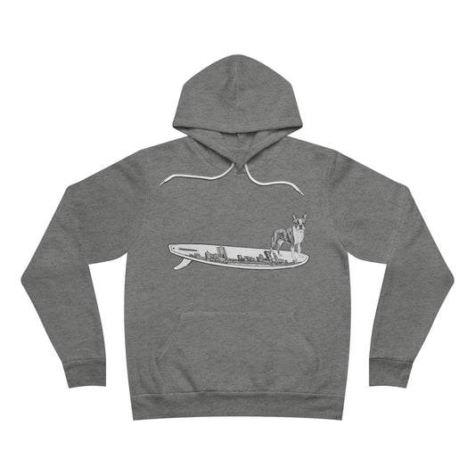 Gray hoodie with a graphic of a Boston Terrier dog on a Boston skyline surfboard.