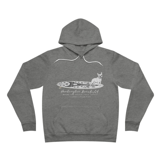 Grey pullover hoodie featuring a French Bulldog standing on a French surfboard with "Huntington Beach, CA" text