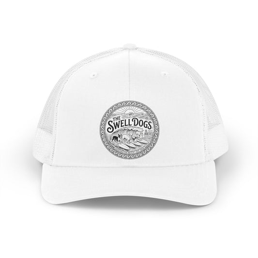 White trucker hat with The Swell Dogs logo on the front.