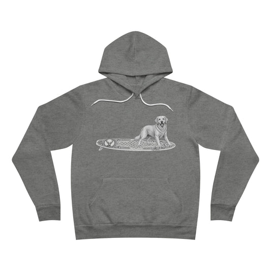 Gray hoodie with a graphic of a Golden Retriever on an Guisachan surfboard.