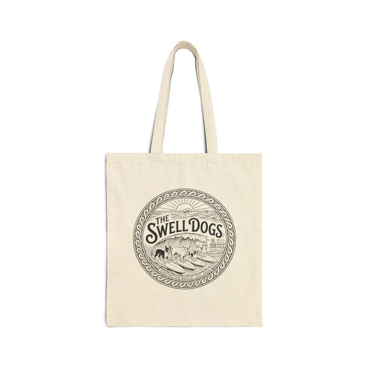 Beige tote bag with a Swell Dogs logo.