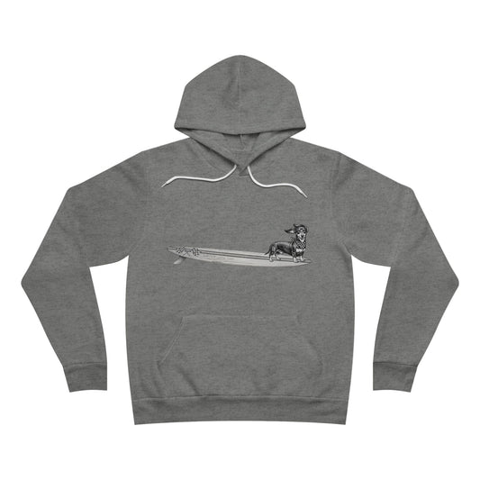 Gray hoodie with a graphic of a Dachshund dog on a racing flags surfboard with a racing flags bandana around its neck.