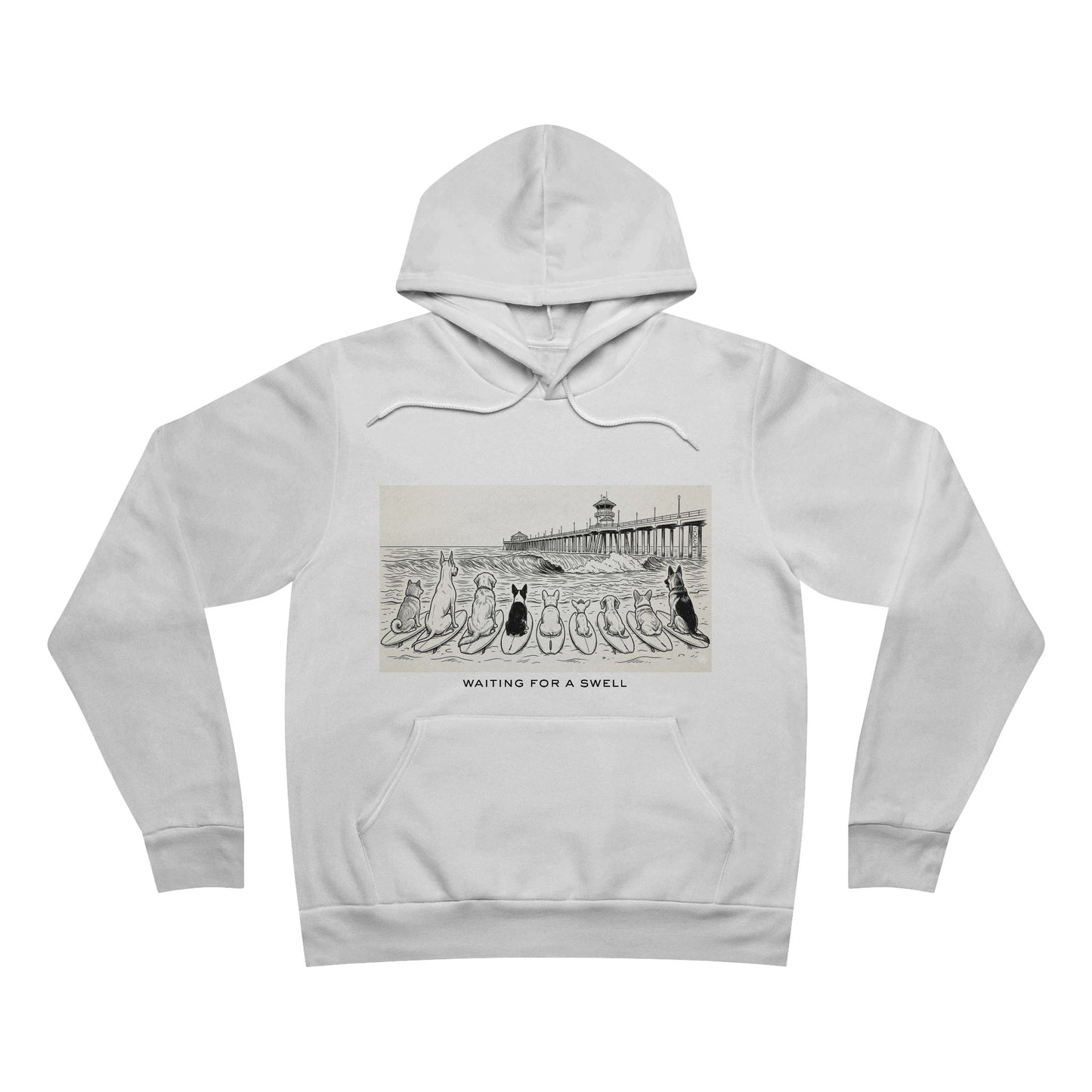 White hoodie with graphic design of 9 dogs facing the surf south of the Huntington Beach pier waiting for a swell.
