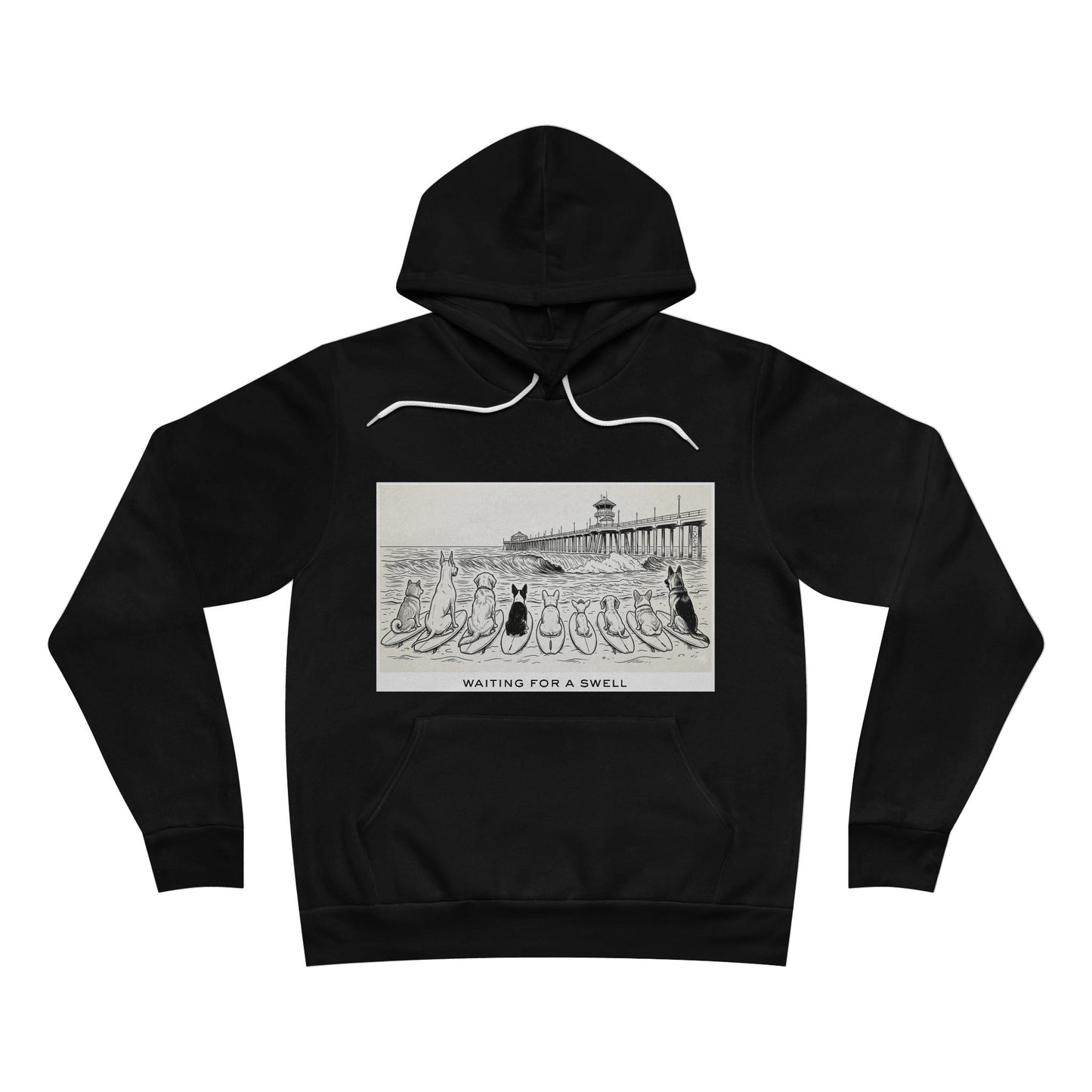 Black hoodie with graphic design of 9 dogs facing the surf south of the Huntington Beach pier waiting for a swell.