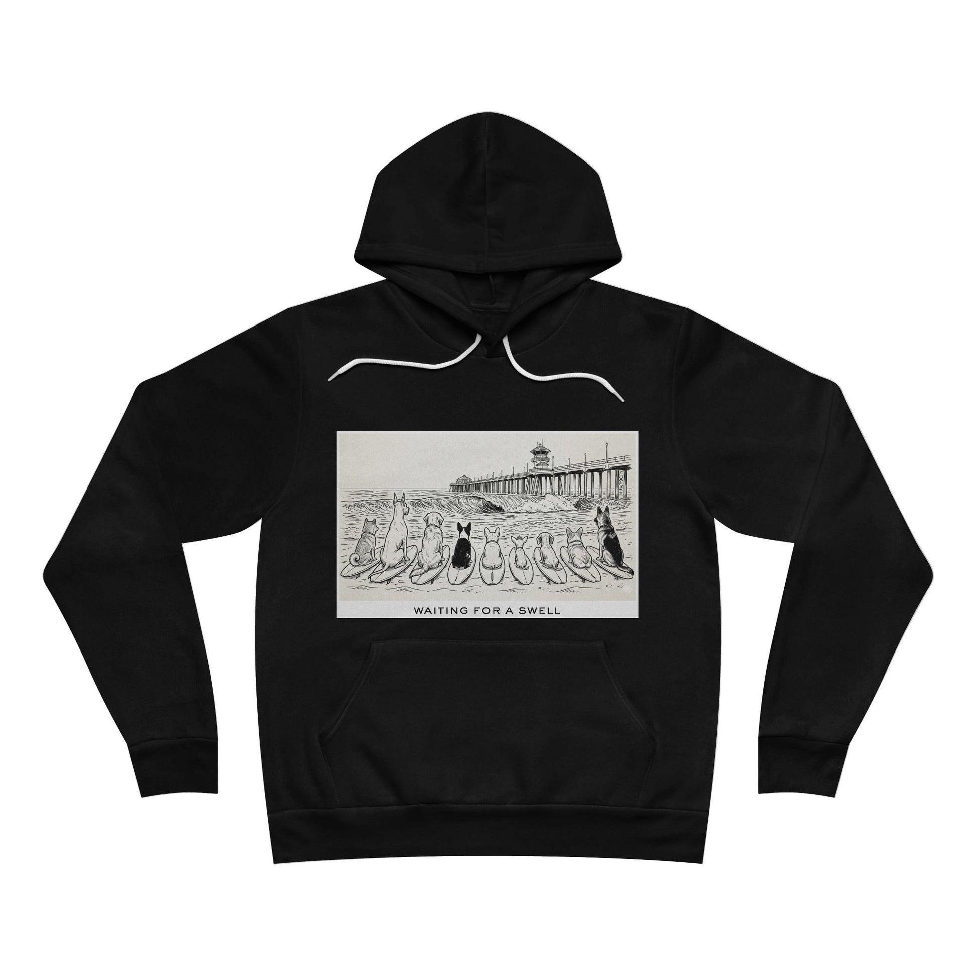 Black hoodie with graphic design of 9 dogs facing the surf south of the Huntington Beach pier waiting for a swell.