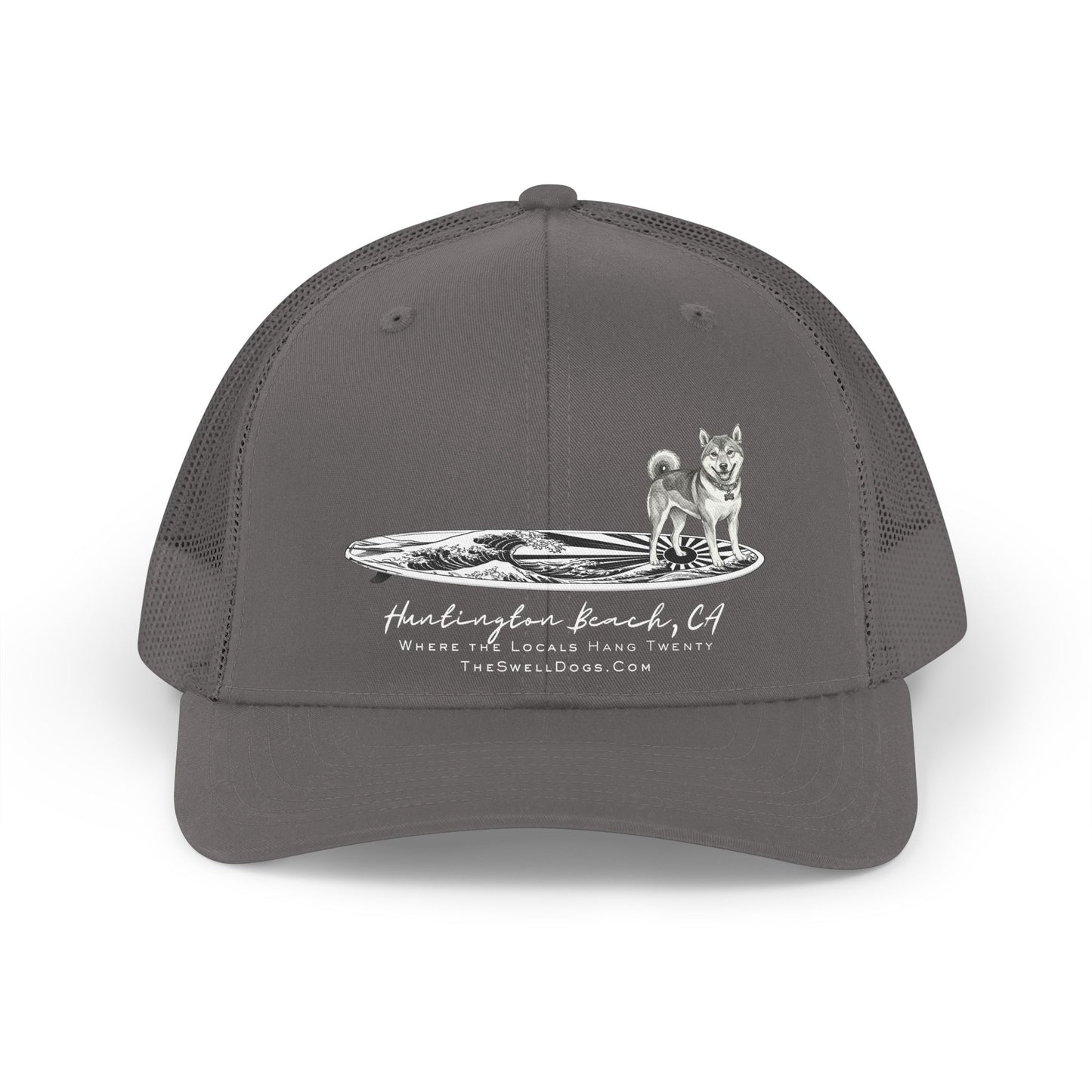 Grey trucker hat featuring a Shiba Inu dog standing on a Japanese surfboard with "Huntington Beach, CA" text