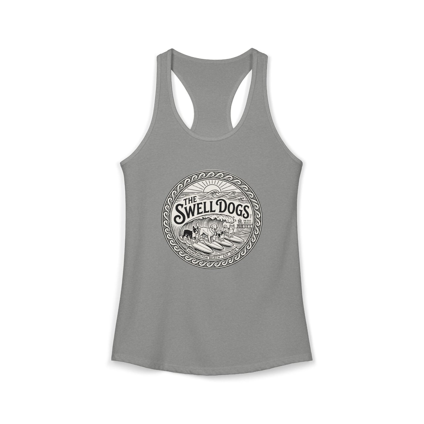 Gray racerback tank top with 'The Swell Dogs' logo on it.