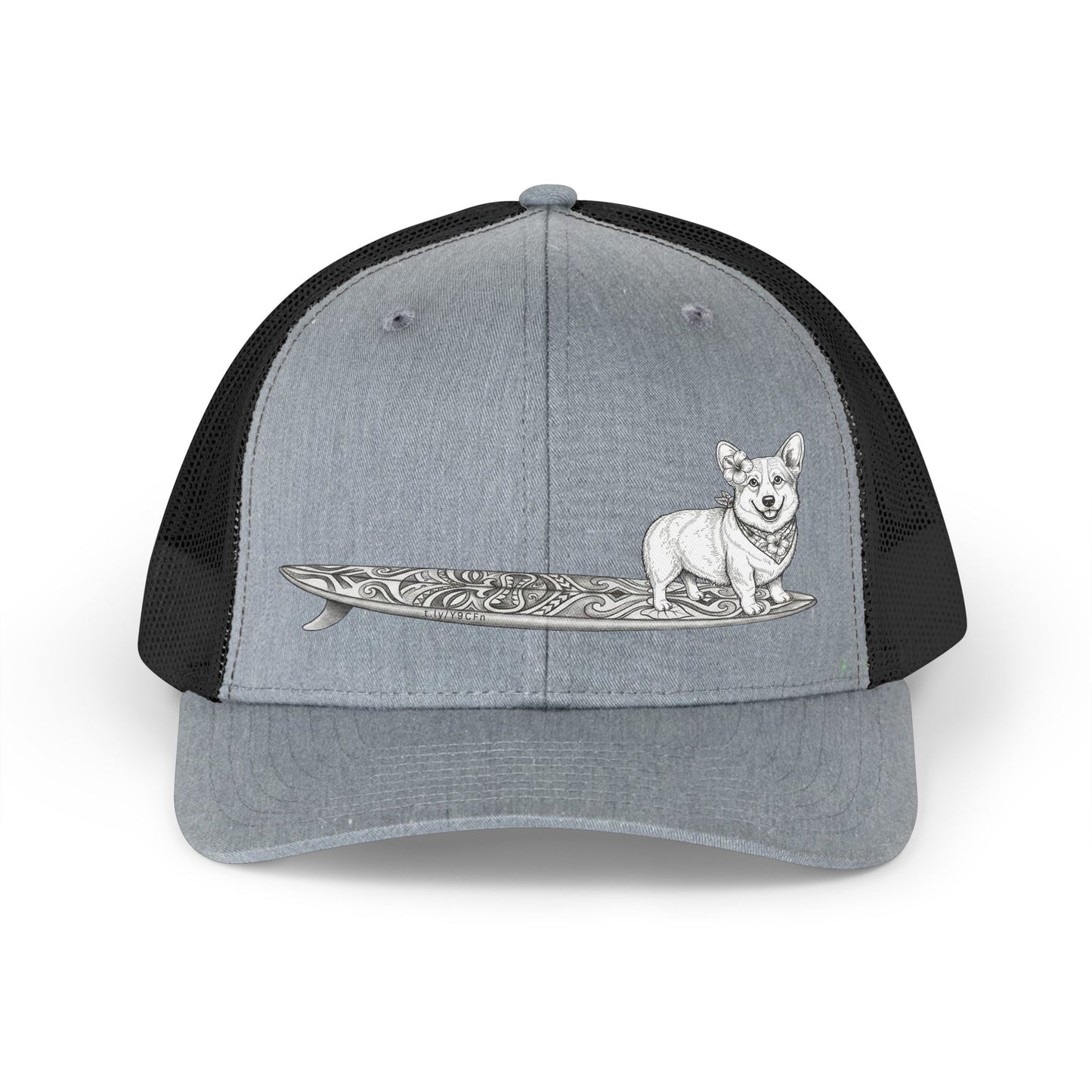 Gray and black trucker hat with vintage Corgi wearing hibiscus bandana and hibiscus in her ear on a tiki surfboard — The Swell Dogs