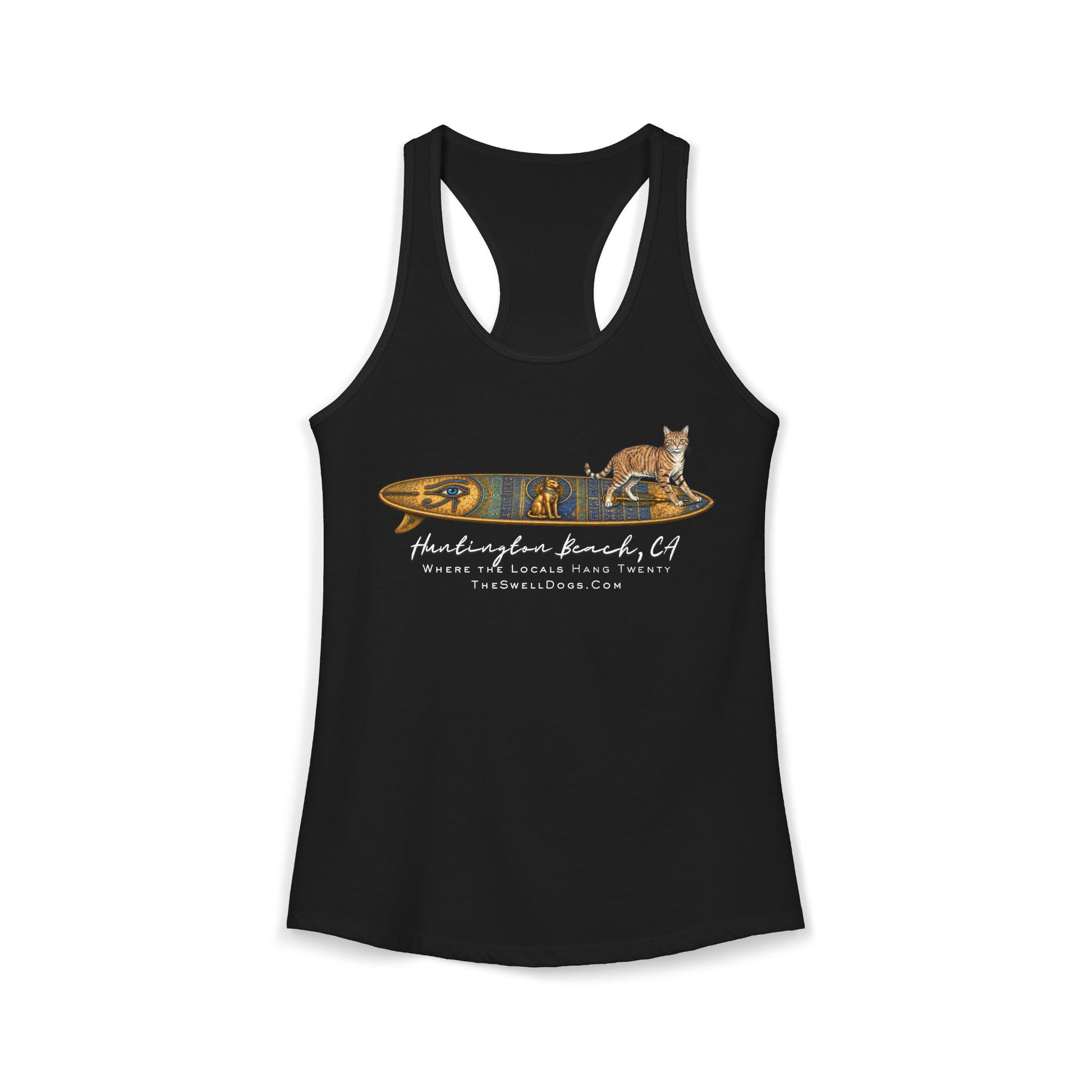 Black racerback tank top featuring a tabby cat standing on an Egyptian surfboard with "Huntington Beach, CA" text