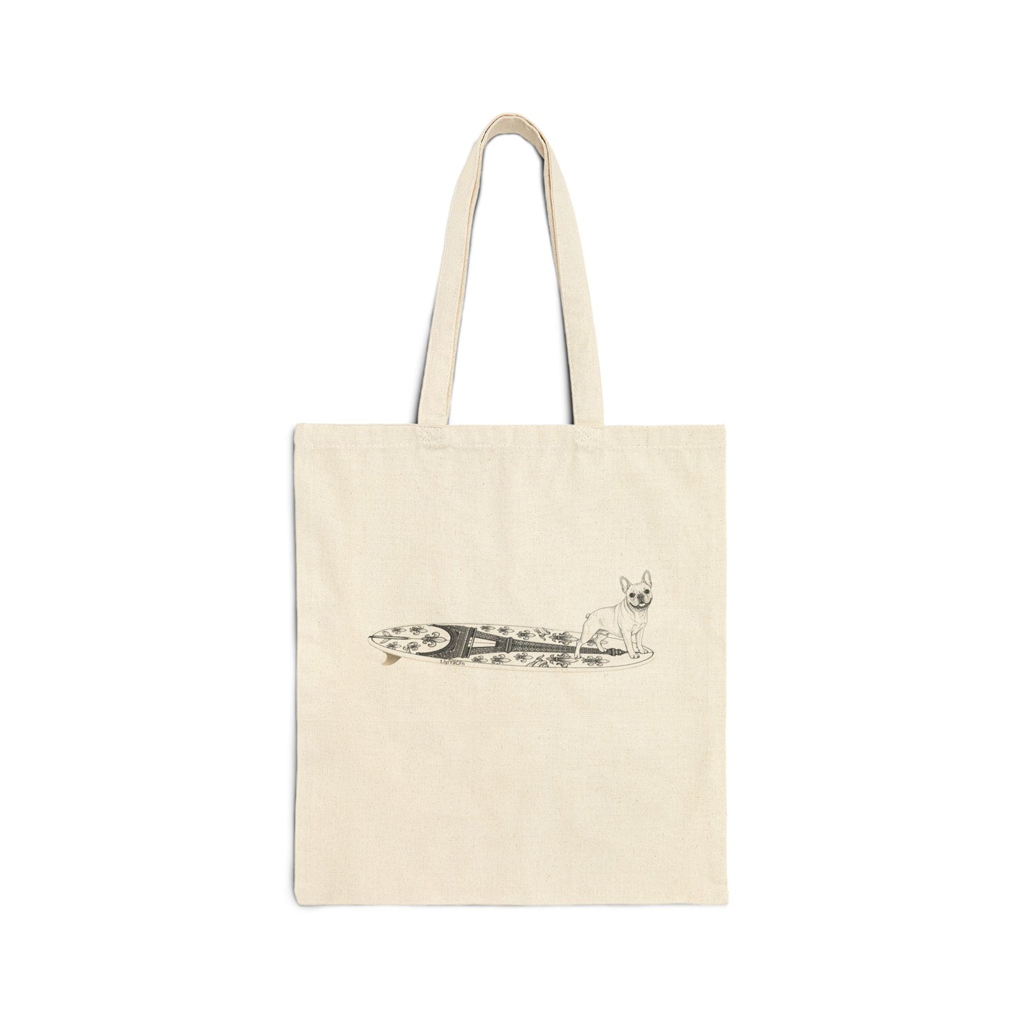 Beige French Bulldog beach tote — Eiffel Tower surfboard graphic — dog lover beach bag — The Swell Dogs
