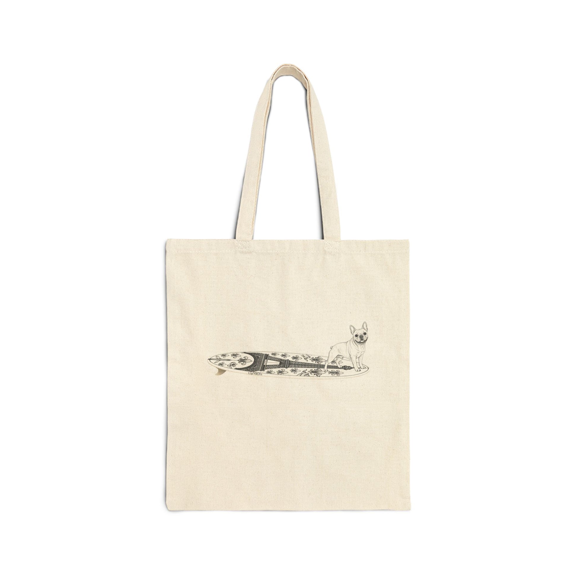 Beige French Bulldog beach tote — Eiffel Tower surfboard graphic — dog lover beach bag — The Swell Dogs