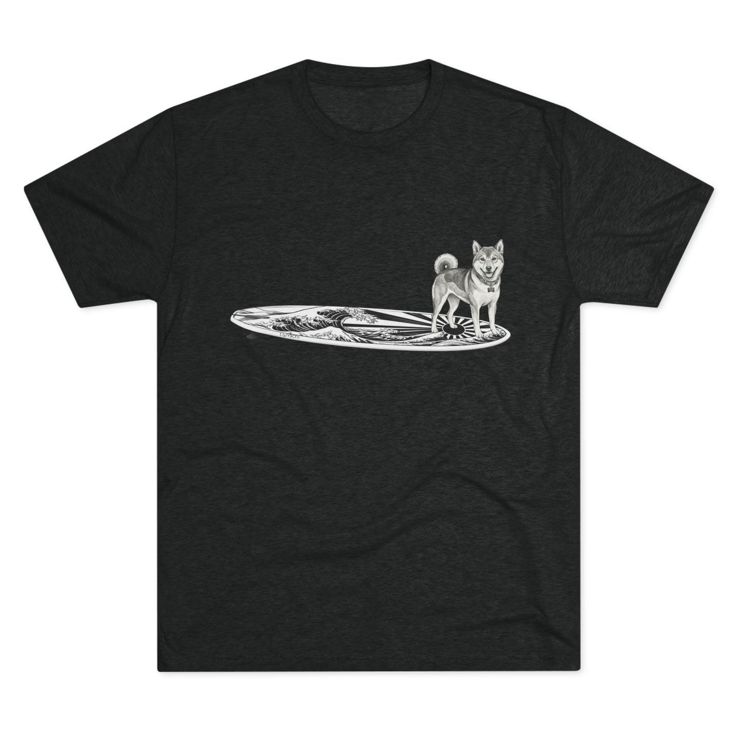 Black t-shirt with vintage Shiba Inu on a surfboard featuring rising wave and Japanese sun flag line drawing — The Swell Dogs