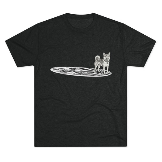Black t-shirt with vintage Shiba Inu on a surfboard featuring rising wave and Japanese sun flag line drawing — The Swell Dogs