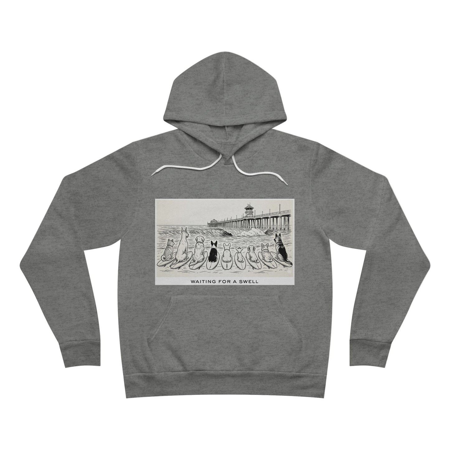 Gray hoodie with graphic design of 9 dogs facing the surf south of the Huntington Beach pier waiting for a swell.