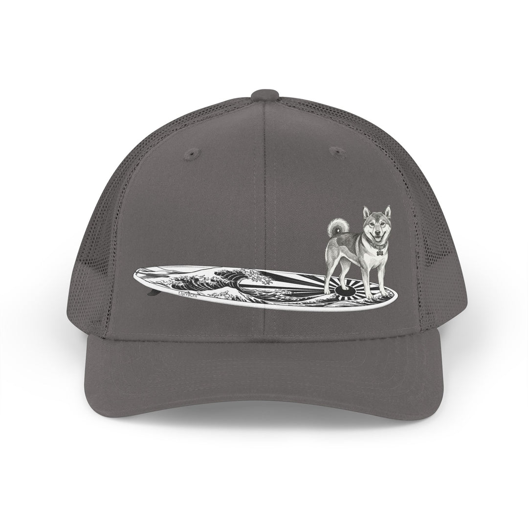 Grey Shiba Inu surf trucker hat featuring vintage rising wave and Japanese sun flag surfboard illustration — The Swell Dogs