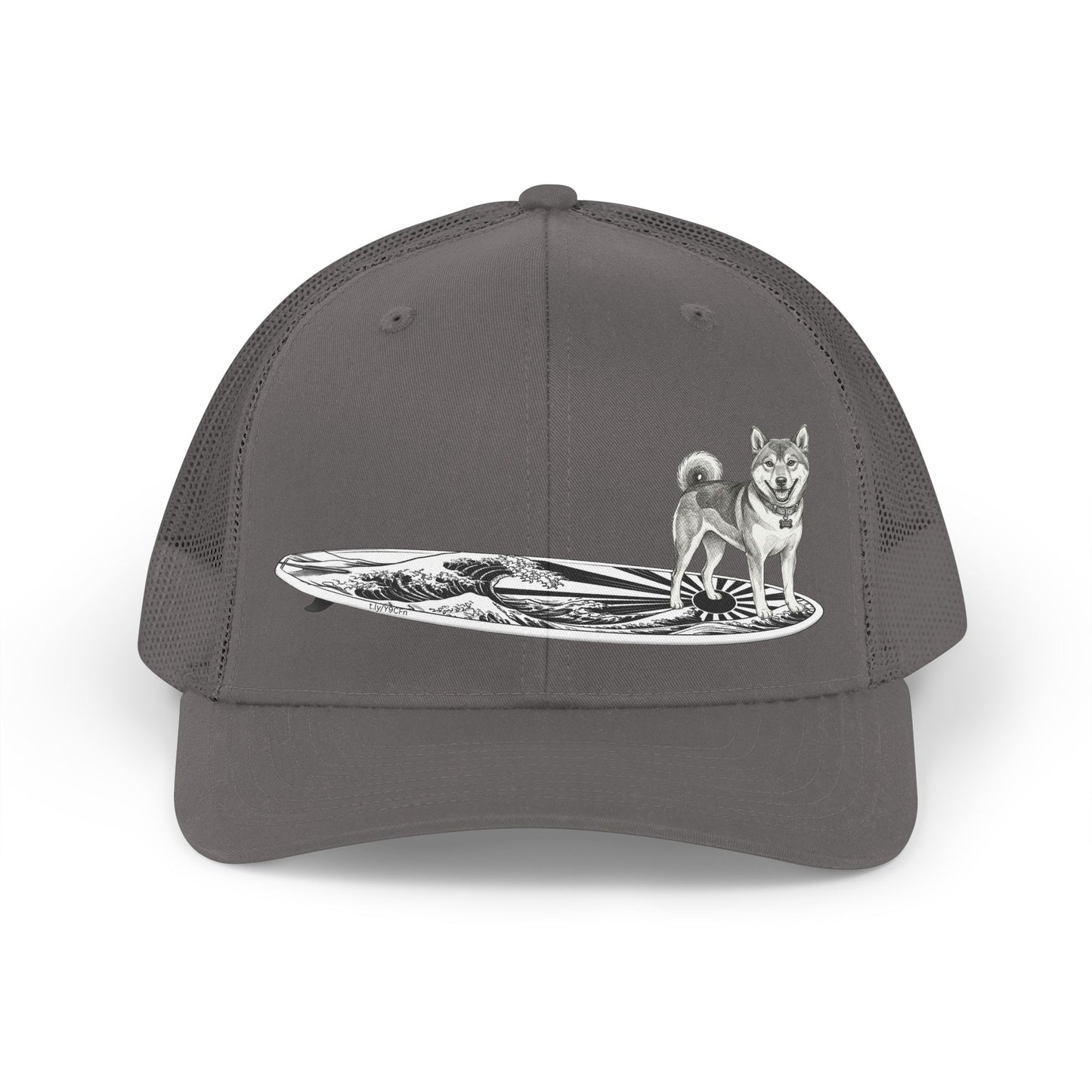 Grey Shiba Inu surf trucker hat featuring vintage rising wave and Japanese sun flag surfboard illustration — The Swell Dogs