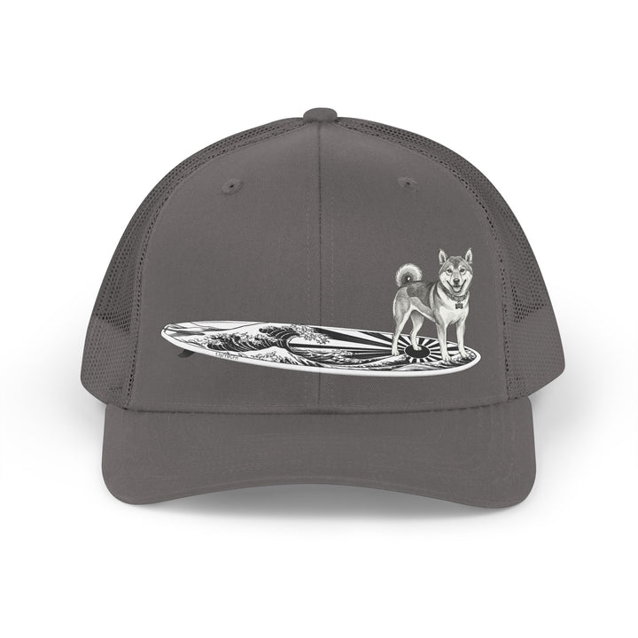 Grey Shiba Inu surf trucker hat featuring vintage rising wave and Japanese sun flag surfboard illustration — The Swell Dogs