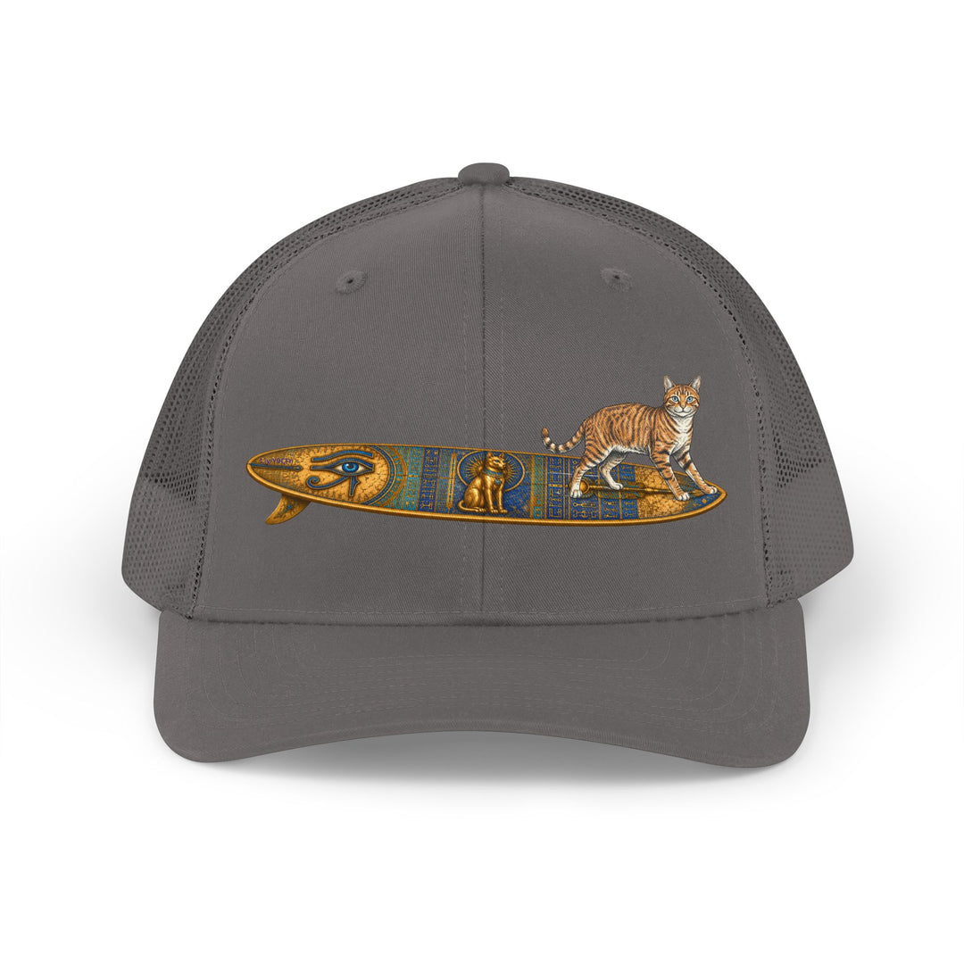 Adjustable grey trucker hat featuring a tabby cat standing on an Egyptian surfboard