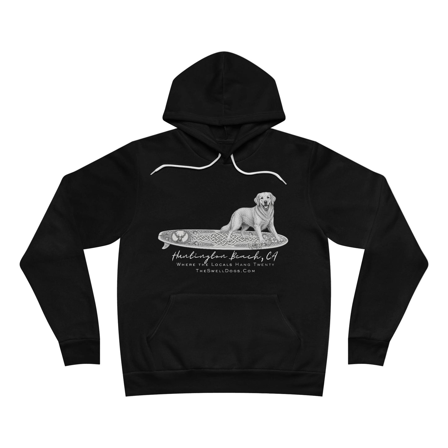 Black pullover hoodie featuring a Golden Retriever dog standing on a Celtic surfboard with "Huntington Beach, CA" text