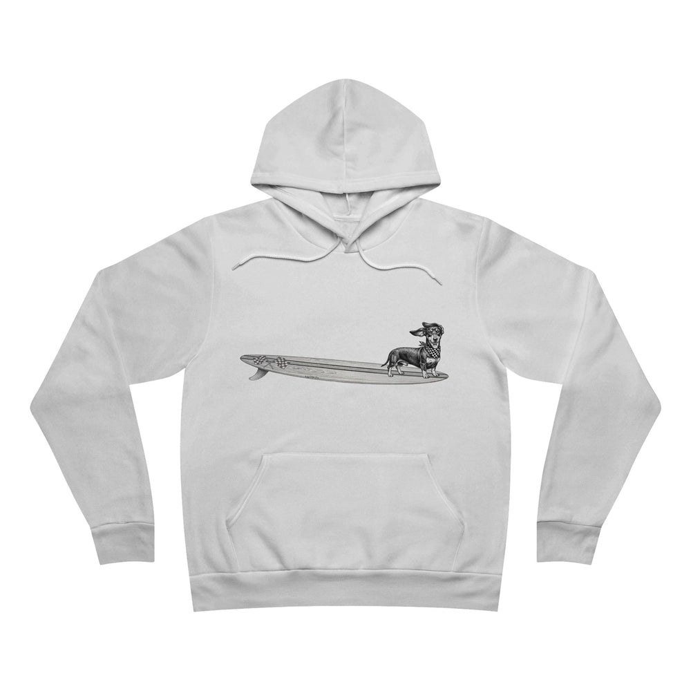 White hoodie with a graphic of a Dachshund dog on a racing flags surfboard with a racing flags bandana around its neck.