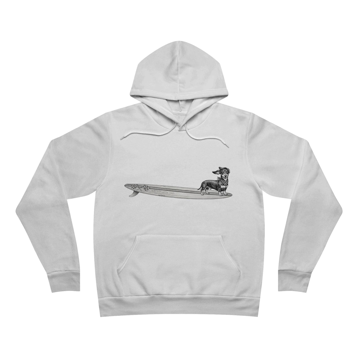 White hoodie with a graphic of a Dachshund dog on a racing flags surfboard with a racing flags bandana around its neck.
