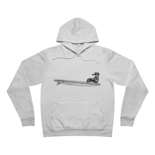 White hoodie with a graphic of a Dachshund dog on a racing flags surfboard with a racing flags bandana around its neck.