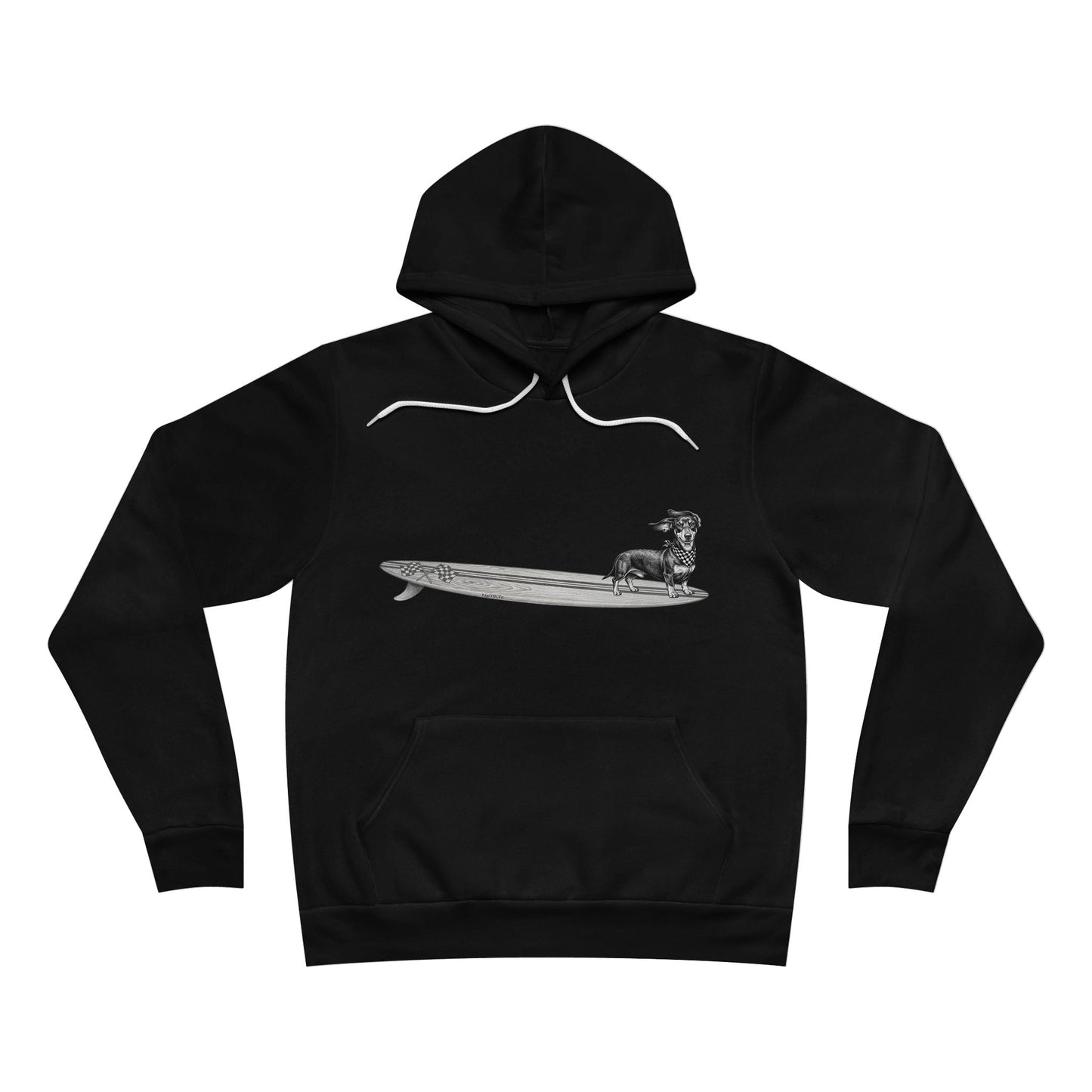 Black hoodie with a graphic of a Dachshund dog on a racing flags surfboard with a racing flags bandana around its neck.