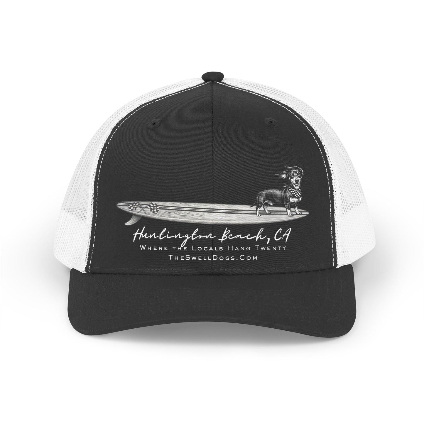 Trucker hat featuring a Dachshund dog standing on a surfboard with "Huntington Beach, CA" text