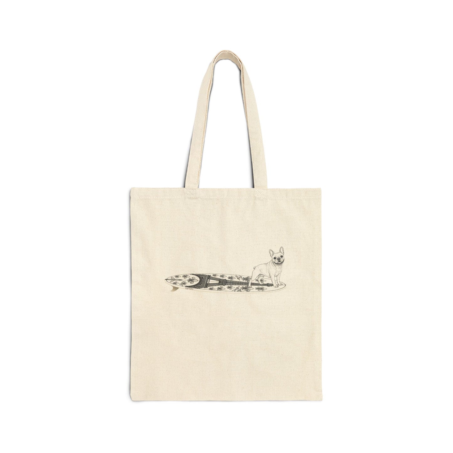 Beige tote bag with a French Bulldog on an Eiffel Tower surfboard.
