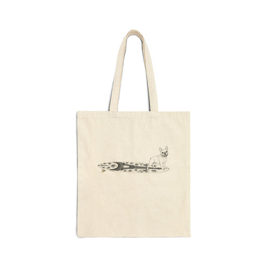 Beige tote bag with a French Bulldog on an Eiffel Tower surfboard.