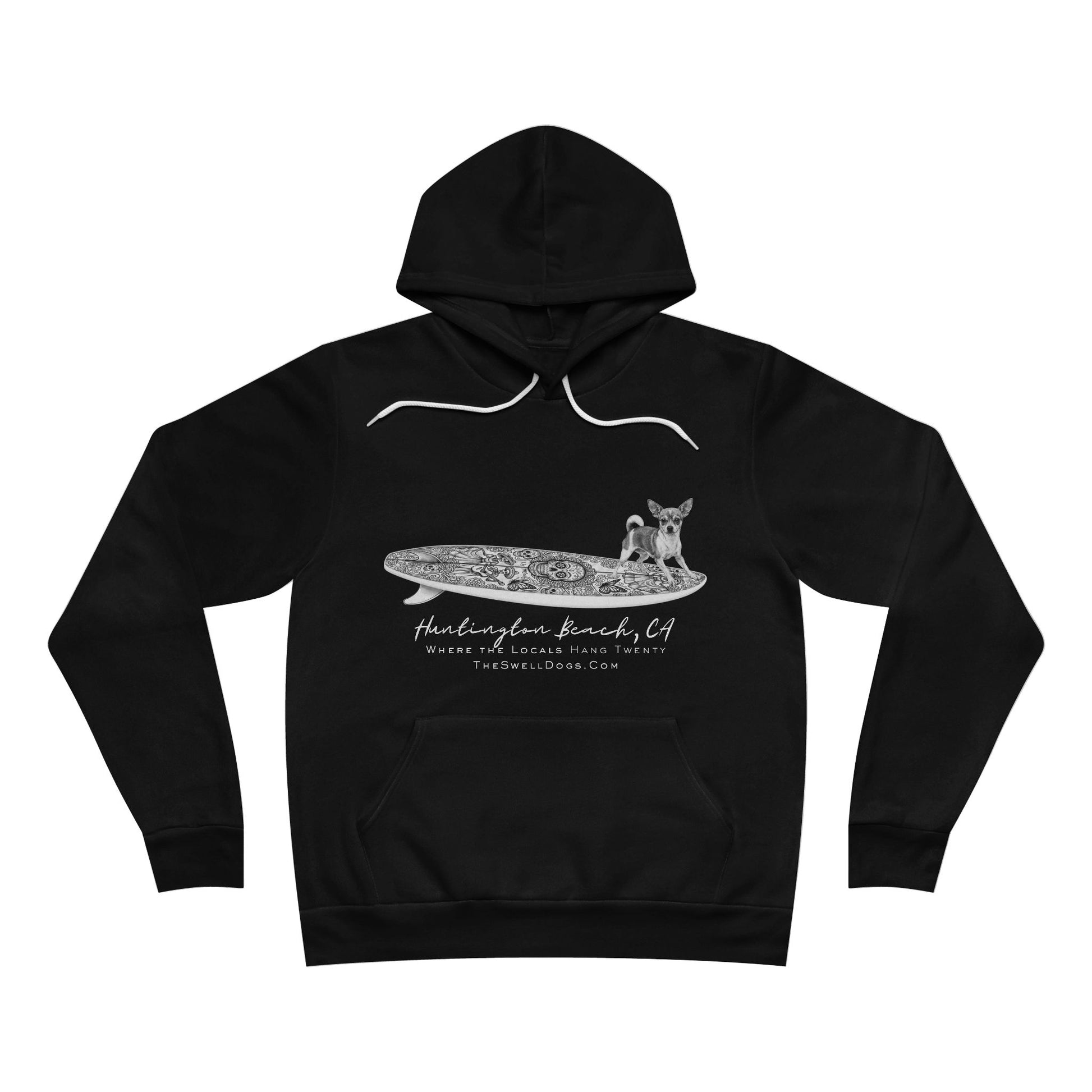 Black pullover hoodie featuring a Chihuahua dog standing on a Día de los Muertos surfboard with "Huntington Beach, CA" text