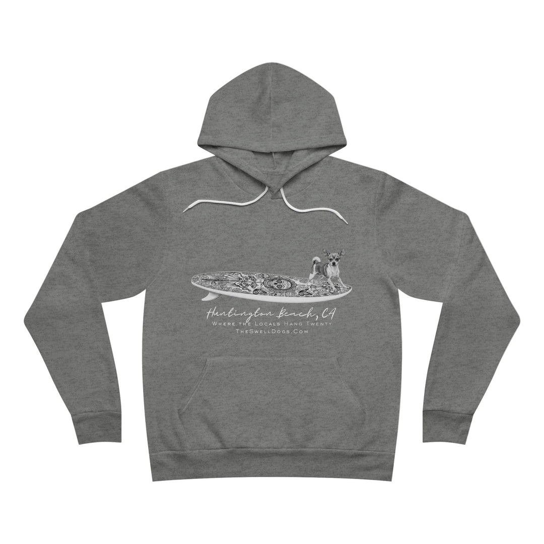 Grey pullover hoodie featuring a Chihuahua dog standing on a Día de los Muertos surfboard with "Huntington Beach, CA" text