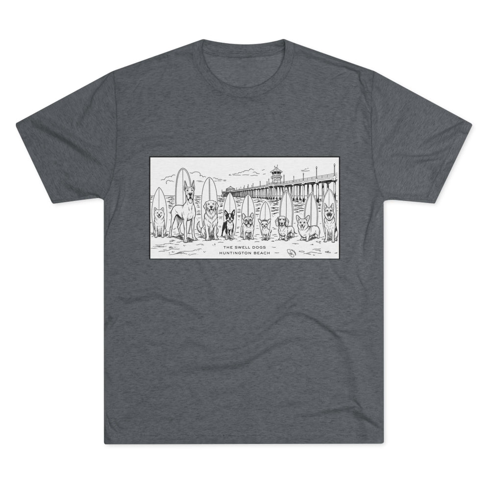 Grey t-shirt featuring nine different dogs with surfboards sitting in front of the HB pier with “Huntington Beach” text