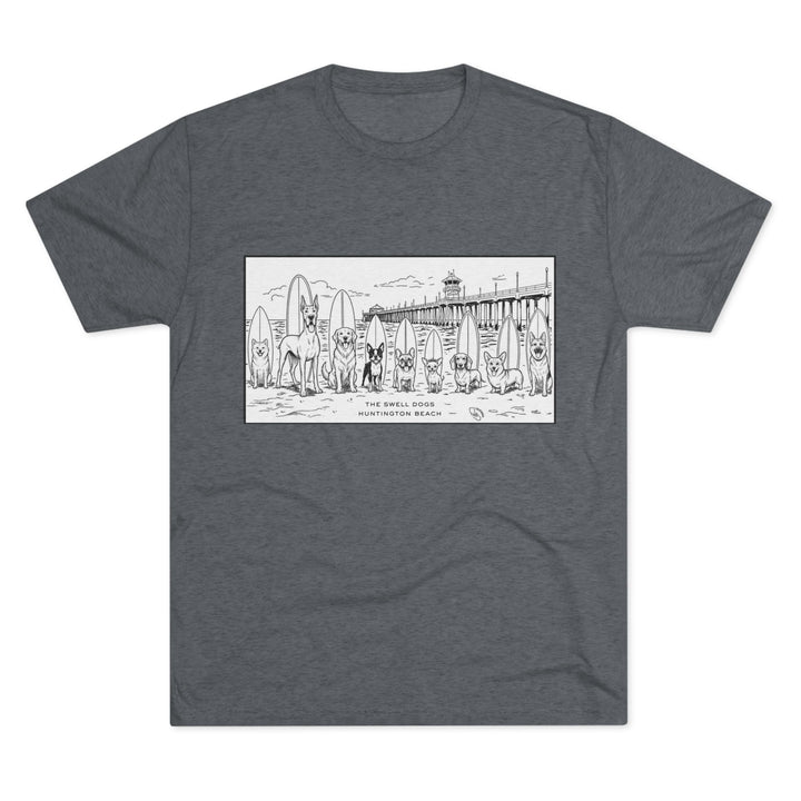 Grey t-shirt featuring nine different dogs with surfboards sitting in front of the HB pier with “Huntington Beach” text