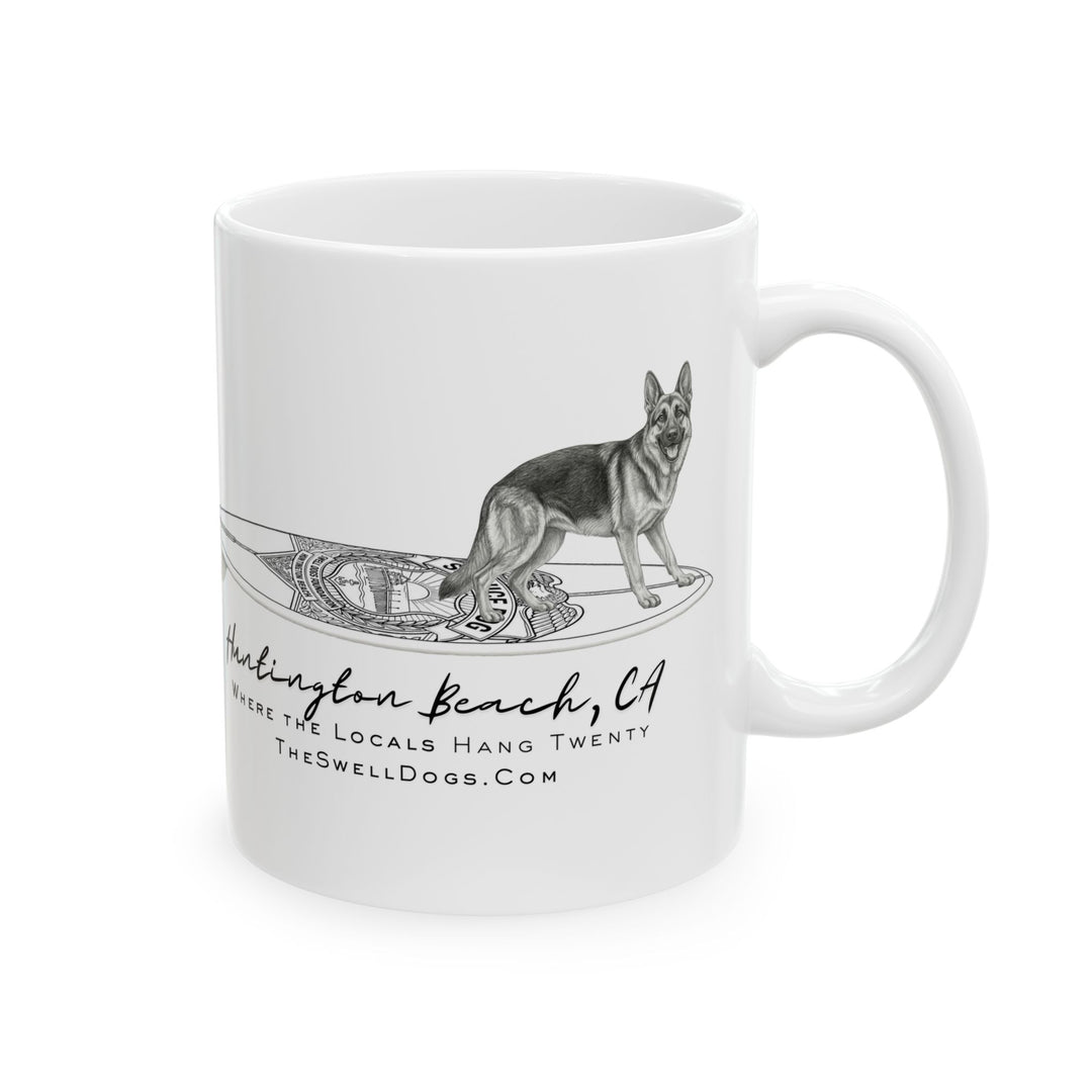 White mug featuring a German Shepard on a police surfboard with "Huntington Beach, CA" text