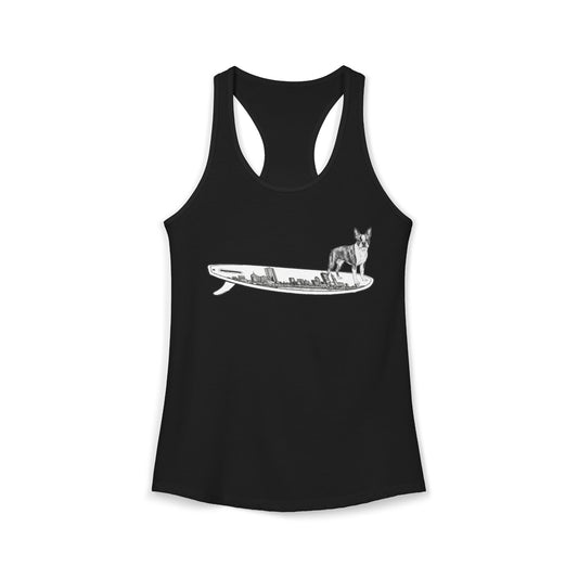 Black racerback tank top with a Boston Terrier dog hanging twenty on a Boston cityscape surfboard.