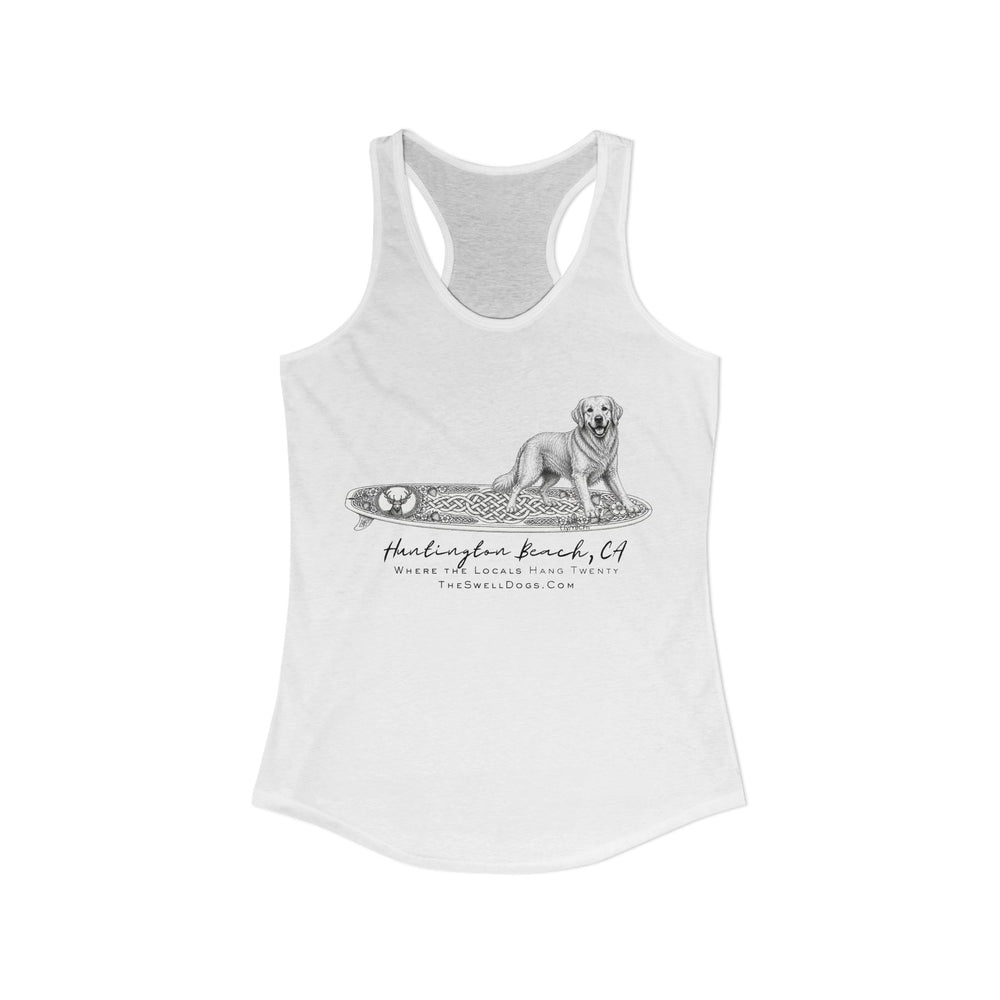 White racerback tank top with a Golden Retriever on a Scottish surfboard with "Huntington Beach, CA" text 