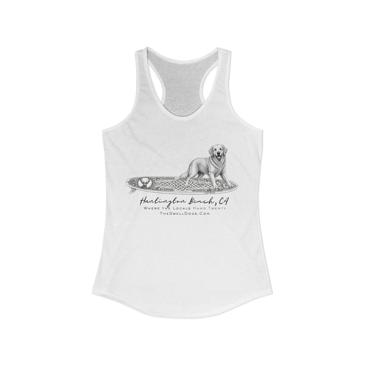 White racerback tank top with a Golden Retriever on a Scottish surfboard with "Huntington Beach, CA" text 