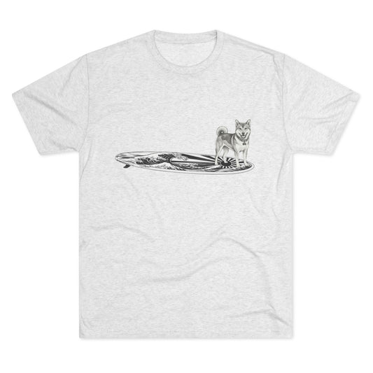 White t-shirt with a Shiba Inu dog on a surfboard with a japanese wave and sun flag image on it.