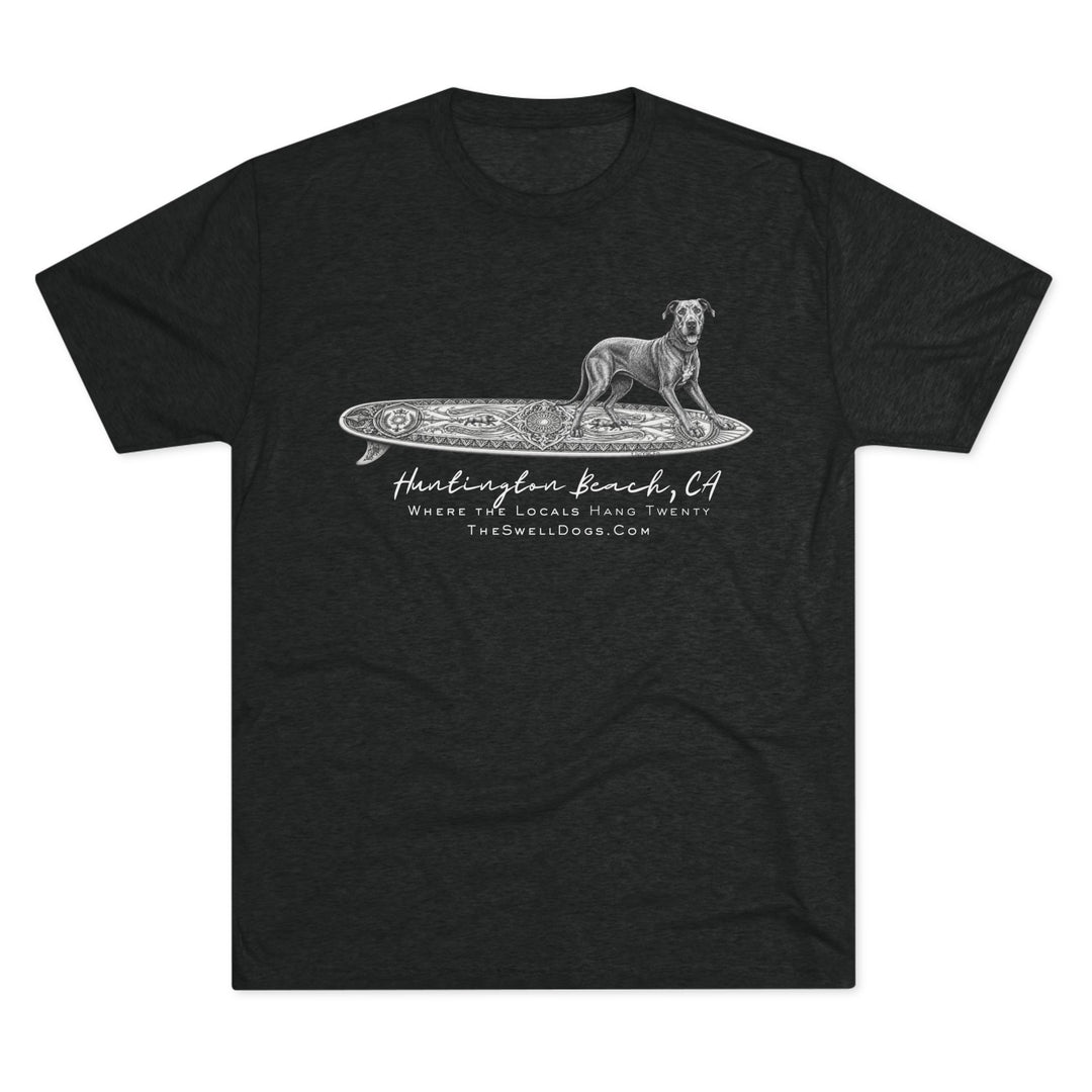 Black t-shirt featuring a Great Dane on a Keltic surfboard with "Huntington Beach, CA" text