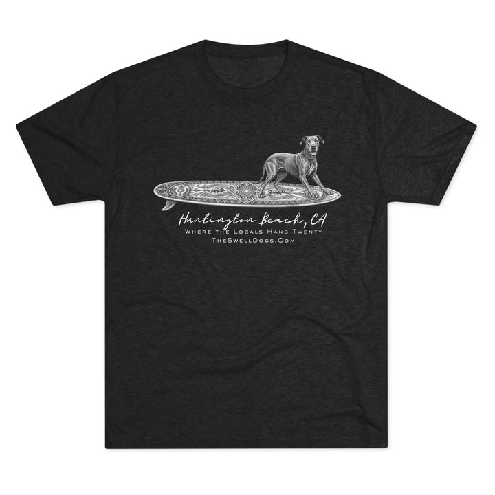 Black t-shirt featuring a Great Dane on a Keltic surfboard with "Huntington Beach, CA" text