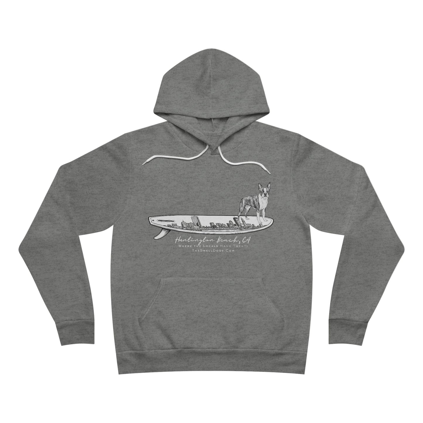 Grey pullover hoodie featuring a Boston Terrier dog standing on a Boston surfboard with "Huntington Beach, CA" text