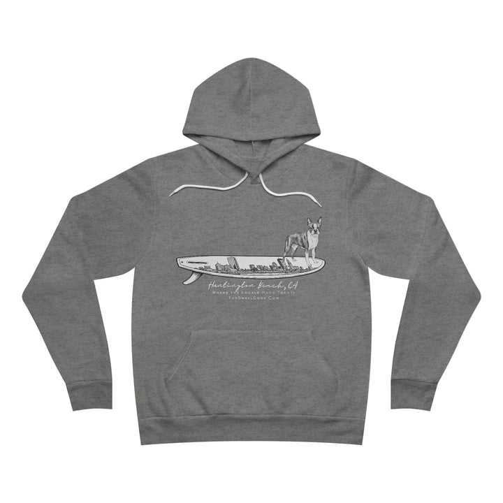 Grey pullover hoodie featuring a Boston Terrier dog standing on a Boston surfboard with "Huntington Beach, CA" text