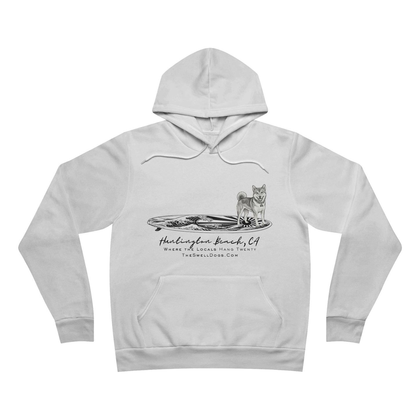 White pullover hoodie featuring a Shiba Inu dog standing on a Japanese surfboard with "Huntington Beach, CA" text