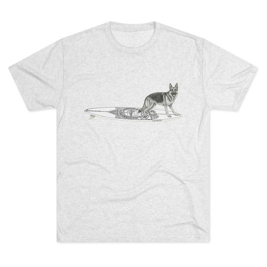 White t-shirt  with a German Shepherd dog on a surfboard designed  with a service badge on it.