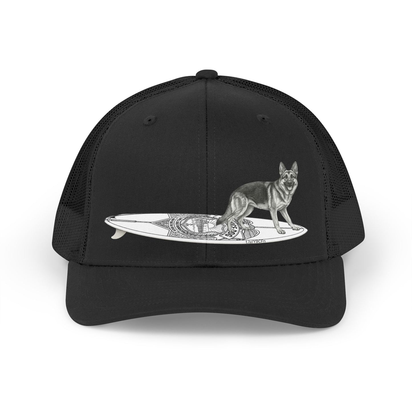 Black trucker hat with a German Shepherd hanging twenty on a Service Dog styl longboard.