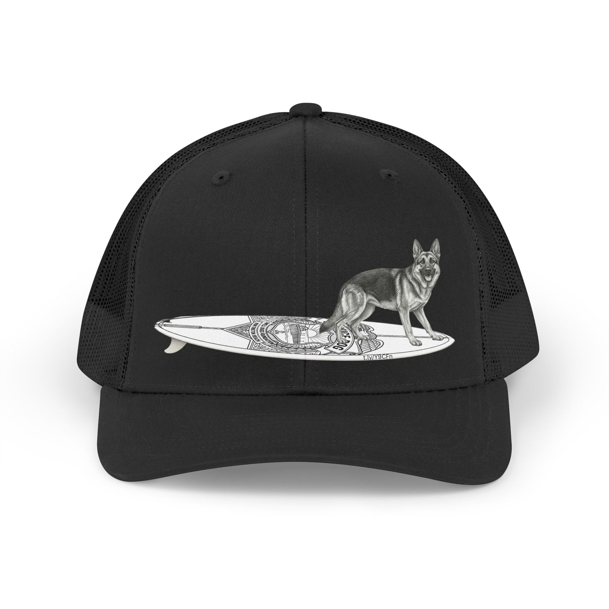 Black trucker hat with a German Shepherd hanging twenty on a Service Dog styl longboard.